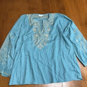 J. Jill Embroidered Cotton Tunic Turquoise Size Petite Medium